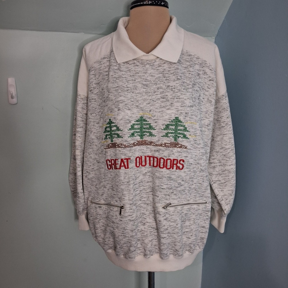Marcy N Me Patrick Lee VTG Great Outdoors Sweatshirt Grey White Zipper Pocket
